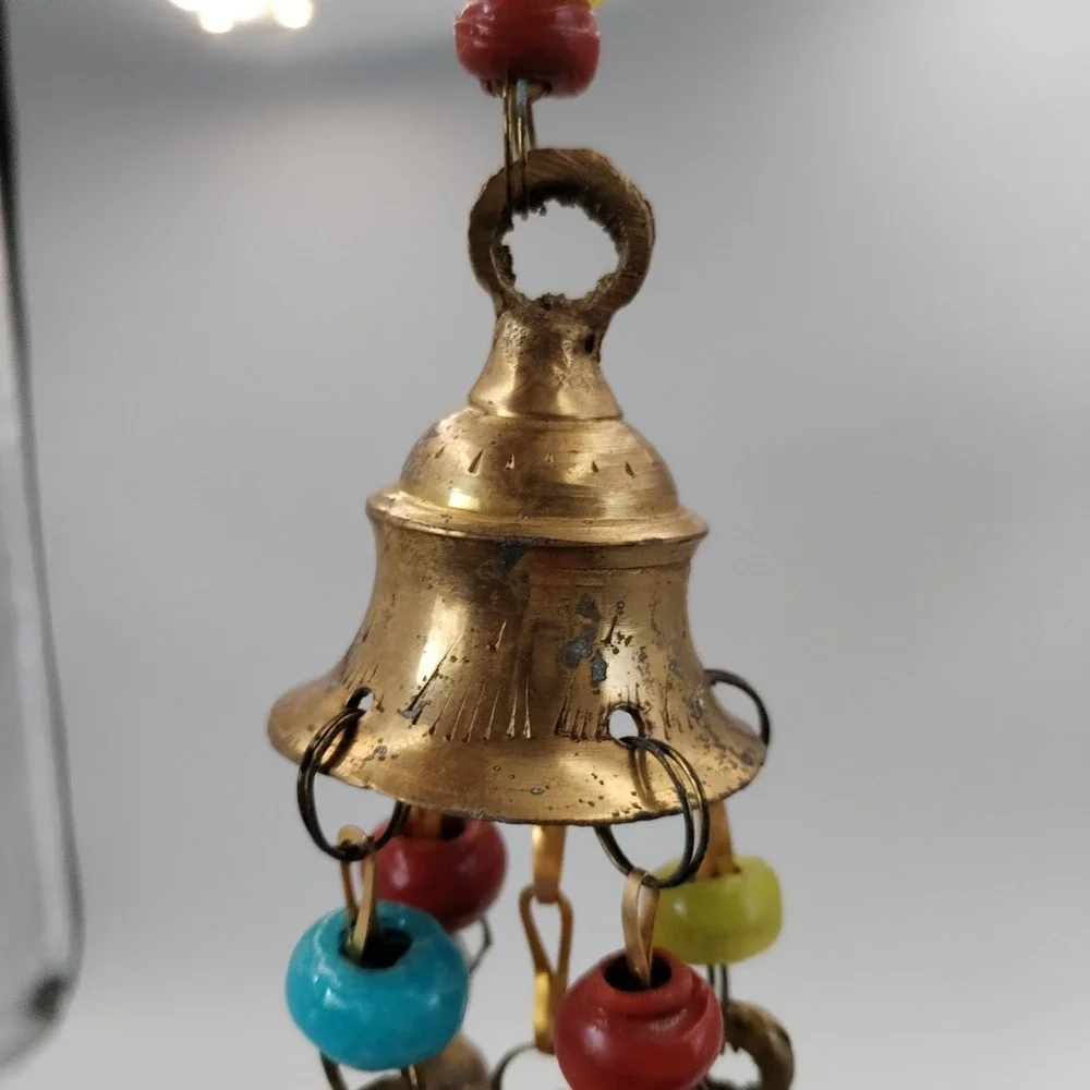 Vintage Brass Cluster Wind Chime Mini Temple Bells Boho Hanging Decor with Beads